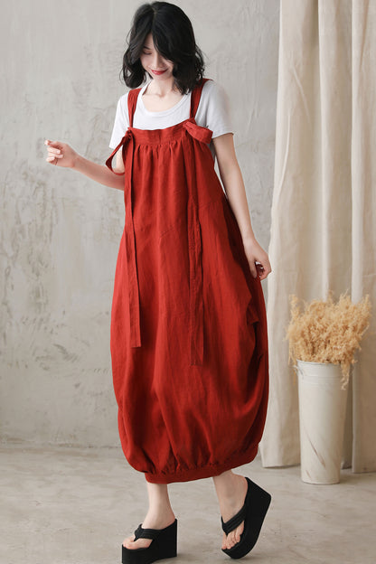 Red Cotton Linen Bubble Midi Dress with Adjustable Strap 2731