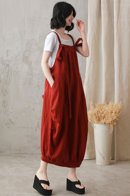 Red Cotton Linen Bubble Midi Dress with Adjustable Strap 2731
