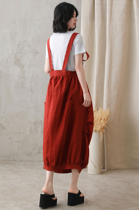 Red Cotton Linen Bubble Midi Dress with Adjustable Strap 2731