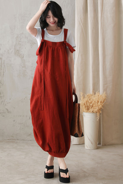 Red Cotton Linen Bubble Midi Dress with Adjustable Strap 2731