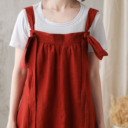 Red Cotton Linen Bubble Midi Dress with Adjustable Strap 2731