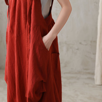 Red Cotton Linen Bubble Midi Dress with Adjustable Strap 2731