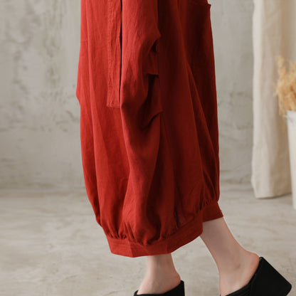 Red Cotton Linen Bubble Midi Dress with Adjustable Strap 2731