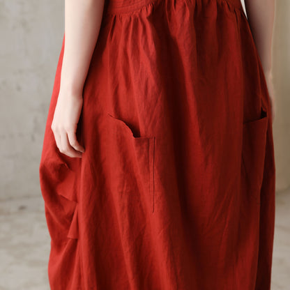 Red Cotton Linen Bubble Midi Dress with Adjustable Strap 2731