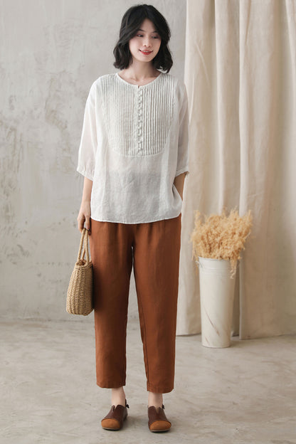 White Linen Blouse – Vintage Loose Fit Tunic Top with Pintuck Pleats 2733