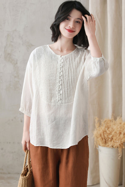 White Linen Blouse – Vintage Loose Fit Tunic Top with Pintuck Pleats 2733