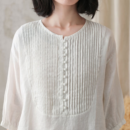 White Linen Blouse – Vintage Loose Fit Tunic Top with Pintuck Pleats 2733