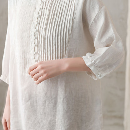 White Linen Blouse – Vintage Loose Fit Tunic Top with Pintuck Pleats 2733