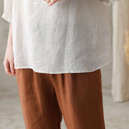 White Linen Blouse – Vintage Loose Fit Tunic Top with Pintuck Pleats 2733