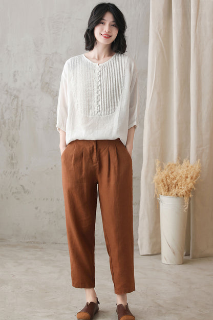 White Linen Blouse – Vintage Loose Fit Tunic Top with Pintuck Pleats 2733