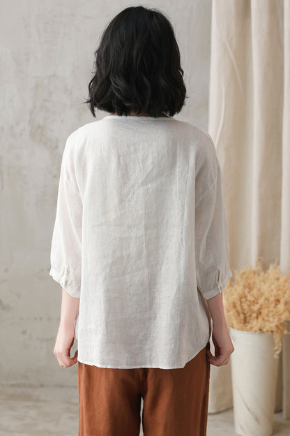 White Linen Blouse – Vintage Loose Fit Tunic Top with Pintuck Pleats 2733