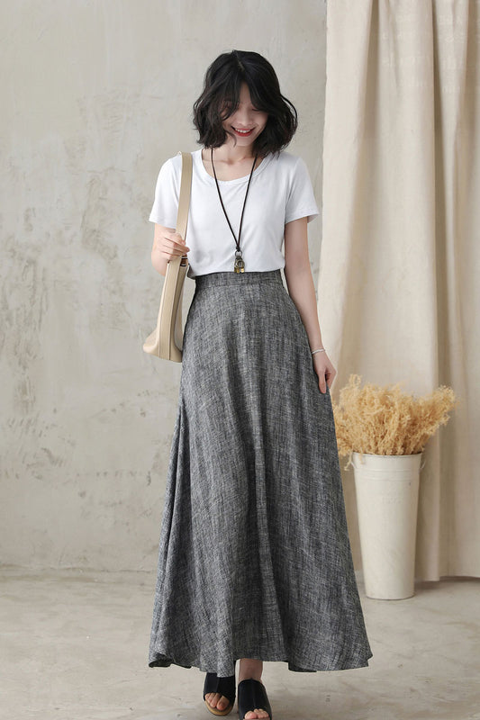 Gray A-Line Maxi Linen Skirt For Women 282201