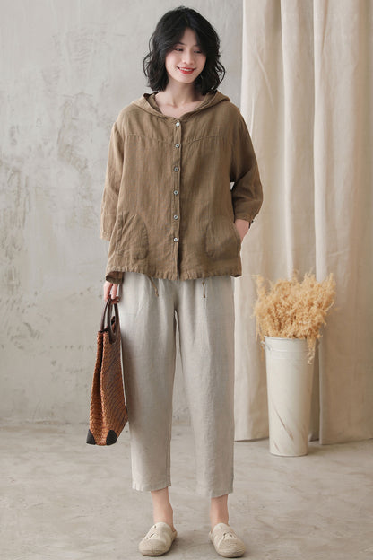 Brown Linen Hooded Top - Loose Fit, 3/4 Sleeve 2736