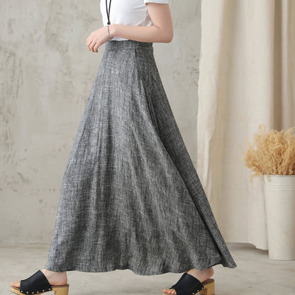 Gray Linen A-Line Maxi Skirt - Elastic Waist with Side Pockets 2822