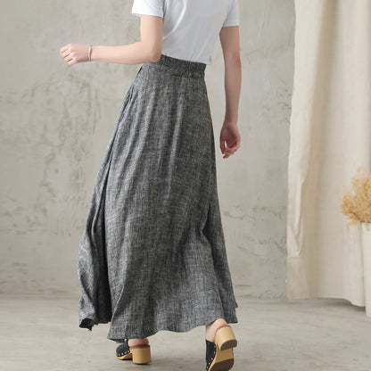 Gray Linen A-Line Maxi Skirt - Elastic Waist with Side Pockets 2822