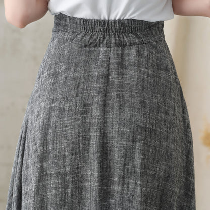 Gray Linen A-Line Maxi Skirt - Elastic Waist with Side Pockets 2822