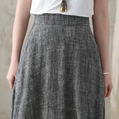 Gray Linen A-Line Maxi Skirt - Elastic Waist with Side Pockets 2822