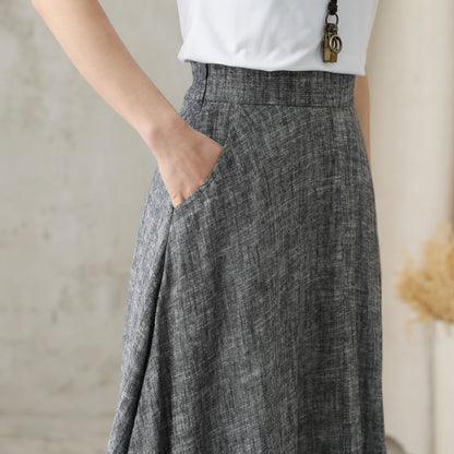 Gray Linen A-Line Maxi Skirt - Elastic Waist with Side Pockets 2822