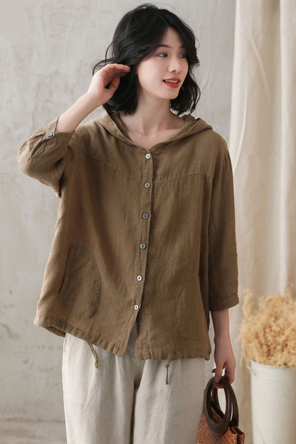 Brown Linen Hooded Top - Loose Fit, 3/4 Sleeve 2736