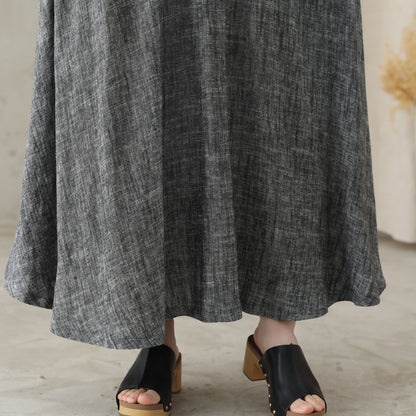 Gray Linen A-Line Maxi Skirt - Elastic Waist with Side Pockets 2822
