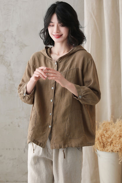 Brown Linen Hooded Top - Loose Fit, 3/4 Sleeve 2736