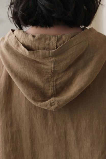 Brown Linen Hooded Top - Loose Fit, 3/4 Sleeve 2736