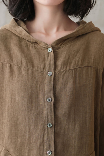 Brown Linen Hooded Top - Loose Fit, 3/4 Sleeve 2736
