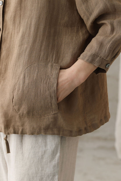Brown Linen Hooded Top - Loose Fit, 3/4 Sleeve 2736