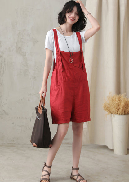 Orange Cotton Linen Overalls Shorts - Adjustable Strap, Loose Fit 2815