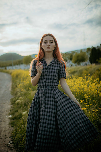 Gingham Check Linen Dress – Short Sleeve Retro Midi Outfit 3720