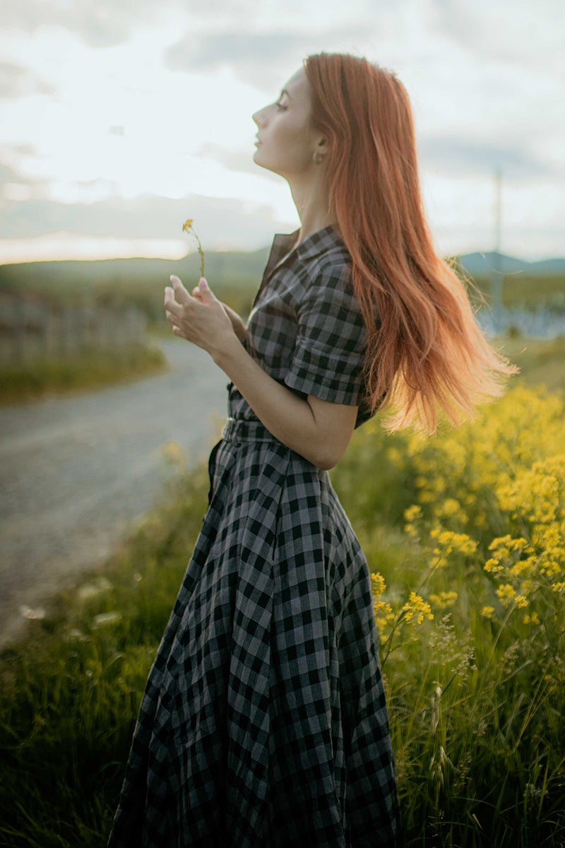 Plaid Linen Shirt Dress Vintage Summer Midi | Xiaolizi 3720 Plaid Linen Shirt Dress Vintage Summer Midi | Xiaolizi 3720