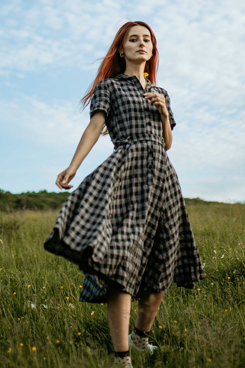 Plaid Linen Shirt Dress Vintage Summer Midi | Xiaolizi 3720 Plaid / XS Plaid Linen Shirt Dress Vintage Summer Midi | Xiaolizi 3720 Plaid / XS