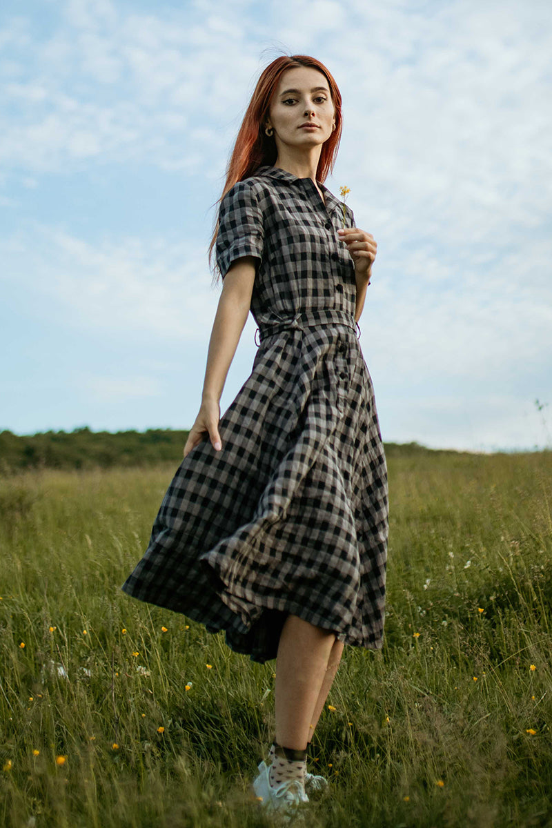 short sleeved modal or linen dresses for summer V-Neck Striped Slit Cotton-Linen Dress 100% medium weight linen (190 g) Mid Length Women Dresses, Short
