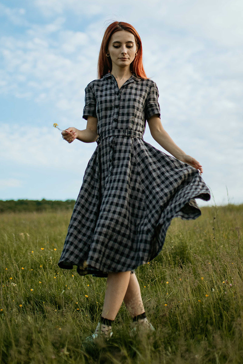 Checked Linen Women's Spring Summer Belted Shirtwaist Dress 3720