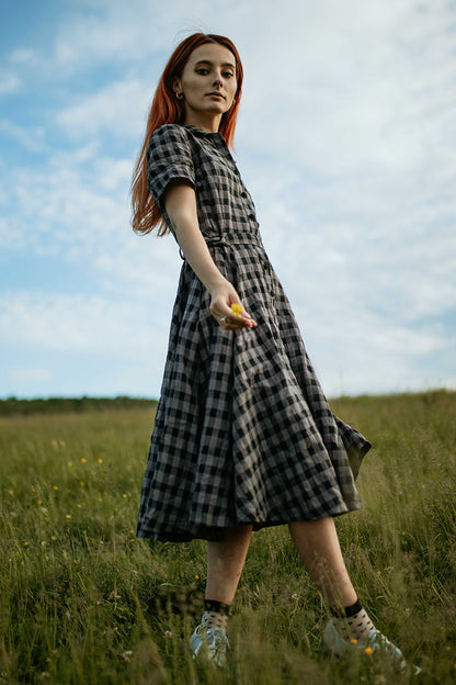 Gingham Check Linen Dress – Short Sleeve Retro Midi Outfit 3720