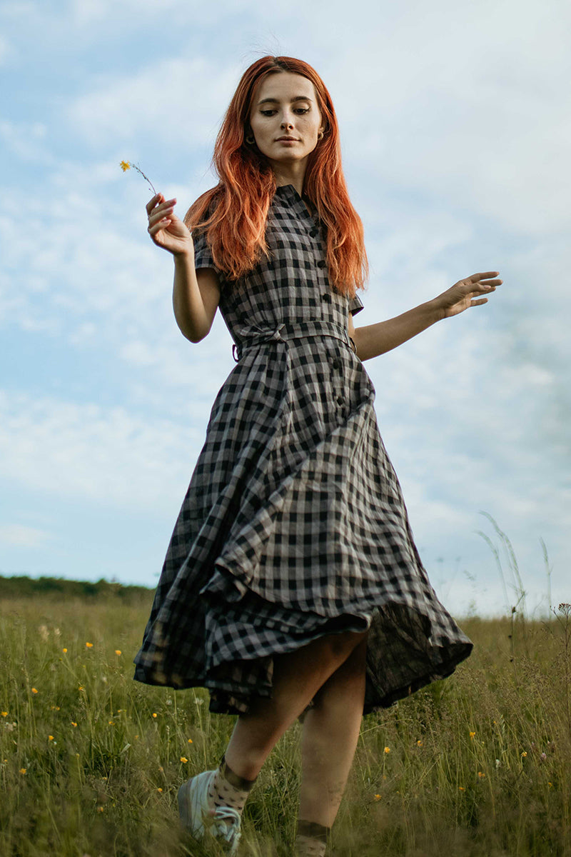 Plaid Linen Shirt Dress Vintage Summer Midi | Xiaolizi 3720 Plaid / XS Plaid Linen Shirt Dress Vintage Summer Midi | Xiaolizi 3720 Plaid / XS