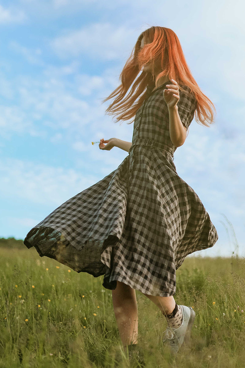 Plaid Linen Shirt Dress Vintage Summer Midi | Xiaolizi 3720 Plaid / XS Plaid Linen Shirt Dress Vintage Summer Midi | Xiaolizi 3720 Plaid / XS