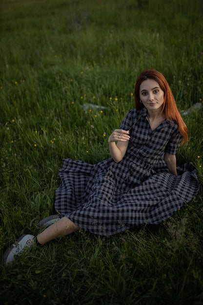 Gingham Check Linen Dress – Short Sleeve Retro Midi Outfit 3720