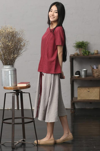 Cotton Linen Short Sleeve Top - Retro Round Neck Loose Fit CYM311