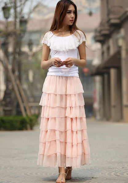 Pink Chiffon Tulle Maxi Skirt - 7-Layer Flowy | Xiaolizi 937