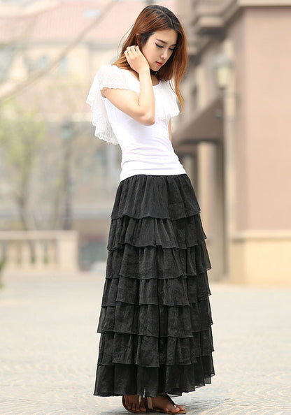 Black Chiffon Maxi Skirt - Tiered Ruffle Detail with Elastic Waist 939