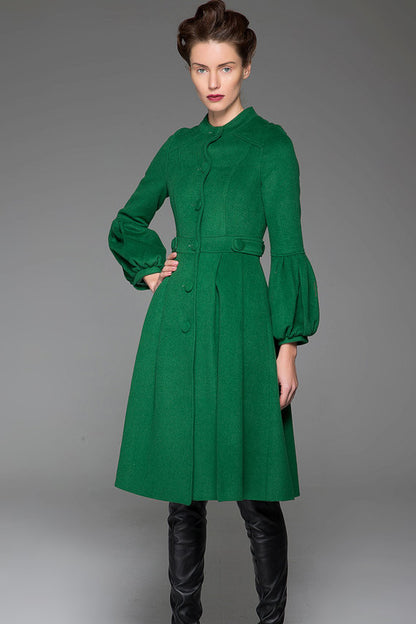 Green Wool Midi Coat – Women’s Vintage Fit and Flare Winter Coat 1417