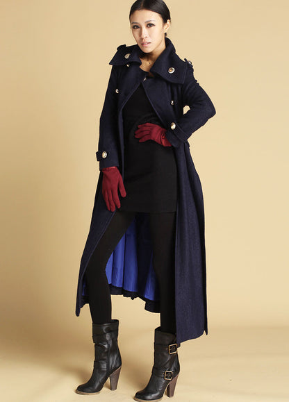 Navy Wool Maxi Coat - Military Details with Flared Hem 475
