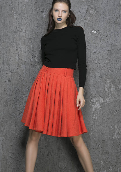 Orange Wool Pleated Midi Skirt - Soft Knee Length Silhouette 1339
