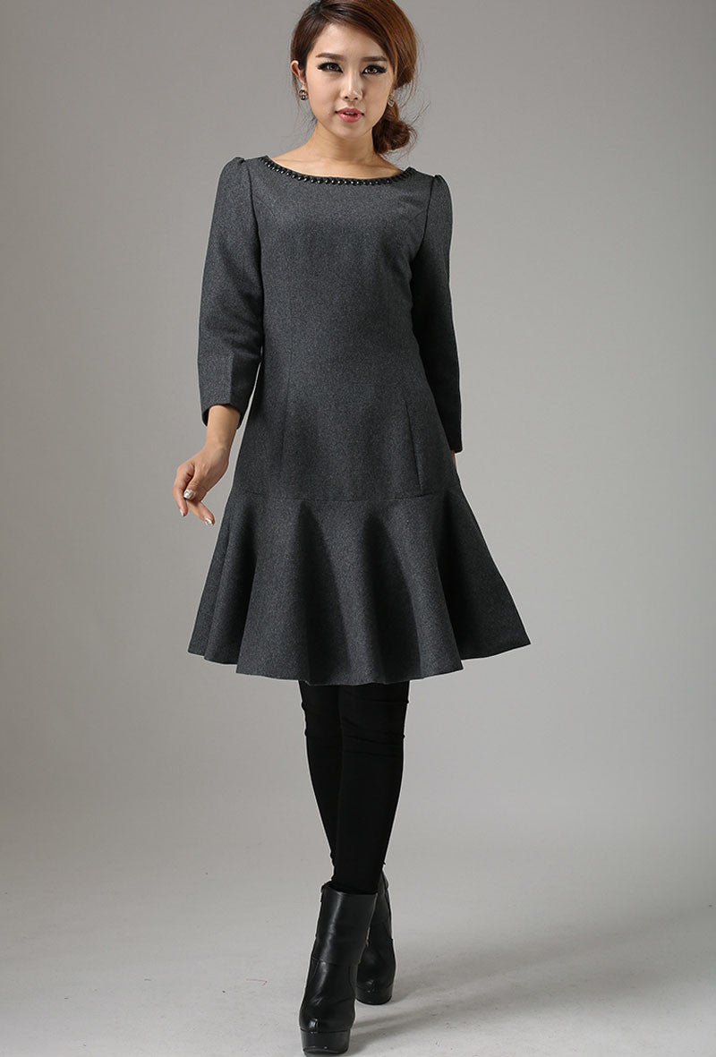 Gray Wool Mini Dress with Pleated Drop Waist Skirt