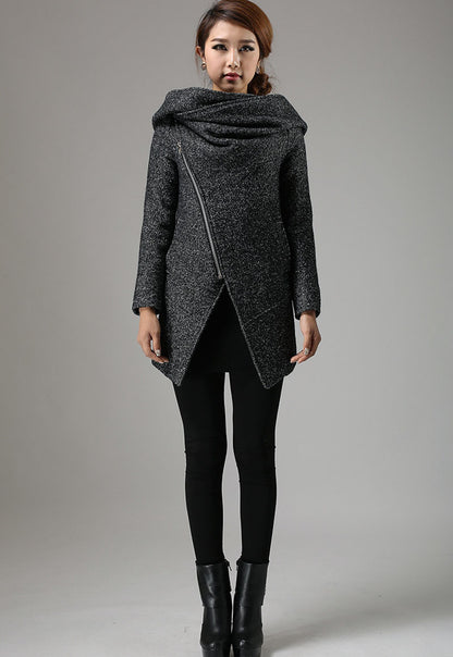 Charcoal Black Biker Wool Coat – Cowl Neck Hooded Winter Jacket | Xiaolizi 735