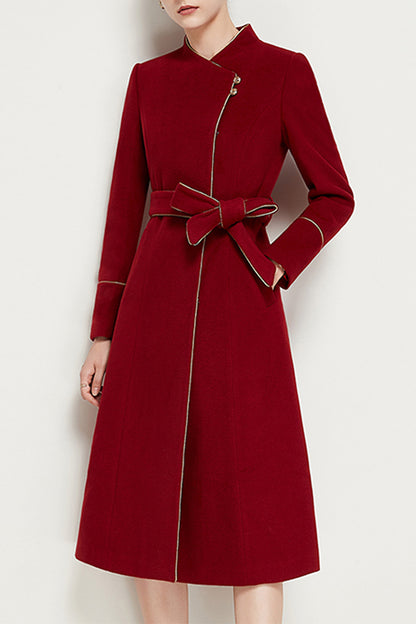 Red Wool Coat – Handmade Asymmetric Button Winter Coat with Feminine Bow Belt 3955