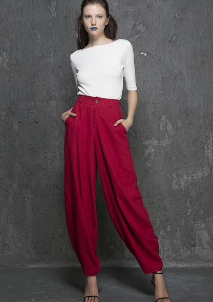 Red Ankle Length Linen Cotton Tapered Pants 1336