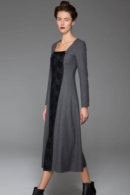 Gray Wool Maxi Dress - Slim Fit with Black Stitching Detail 1442