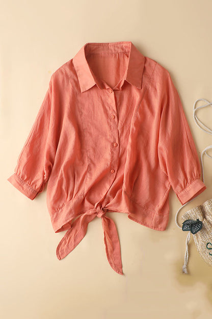 Apricot Linen Shirt Top - Loose Fit 3/4 Sleeve | Xiaolizi 3601